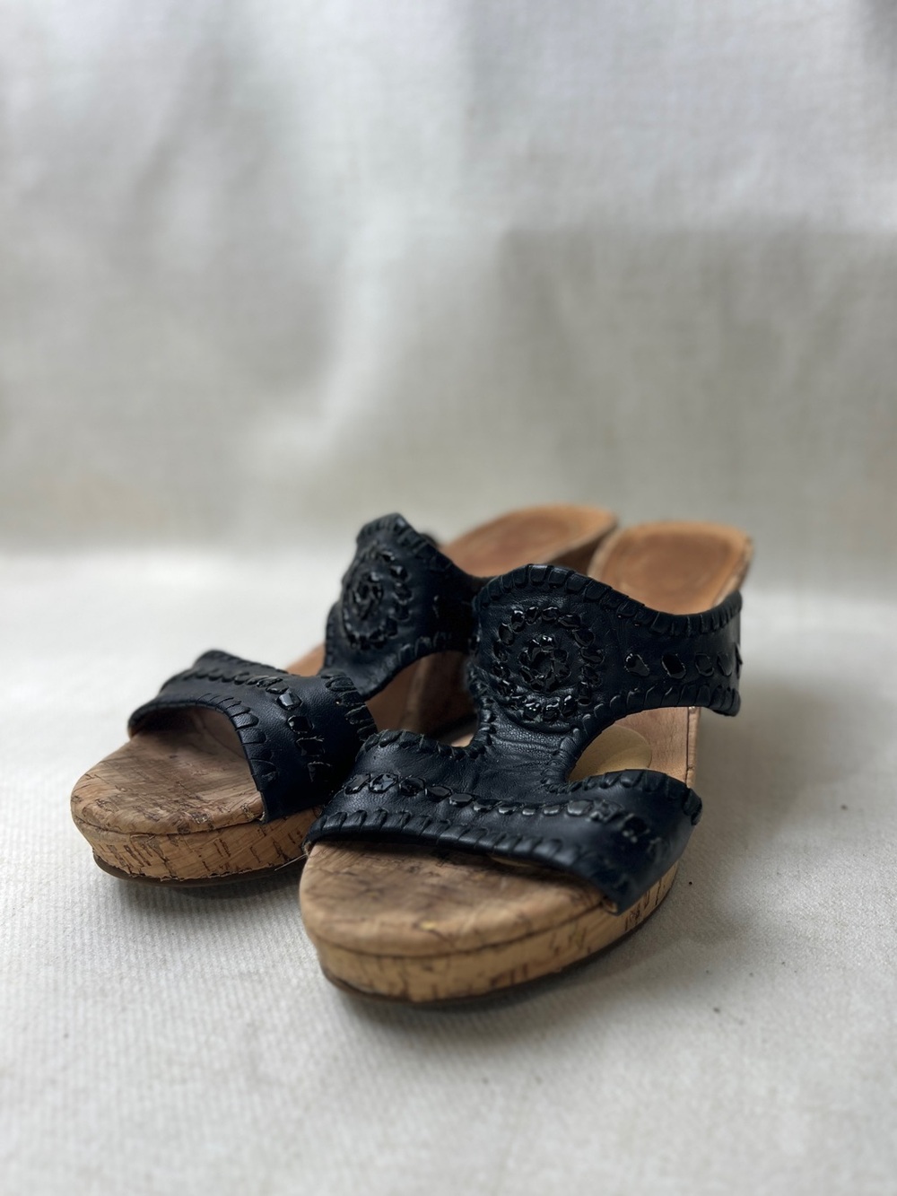 Jack Rogers Black Leather Cork Wedge Slide Sandals Women’s 6.5
